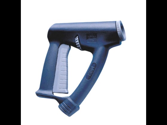 Robuste Industriepistole mit 3/4“-Gewinde, einstellbarem Strahl und arretierbarem Auslöser. Belastbar bis 25 bar und 90 °C. Zum Spülen und Seifenauftrag.