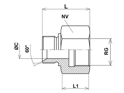 Reduzierstück, negativ, 60 Grad an einem Ende