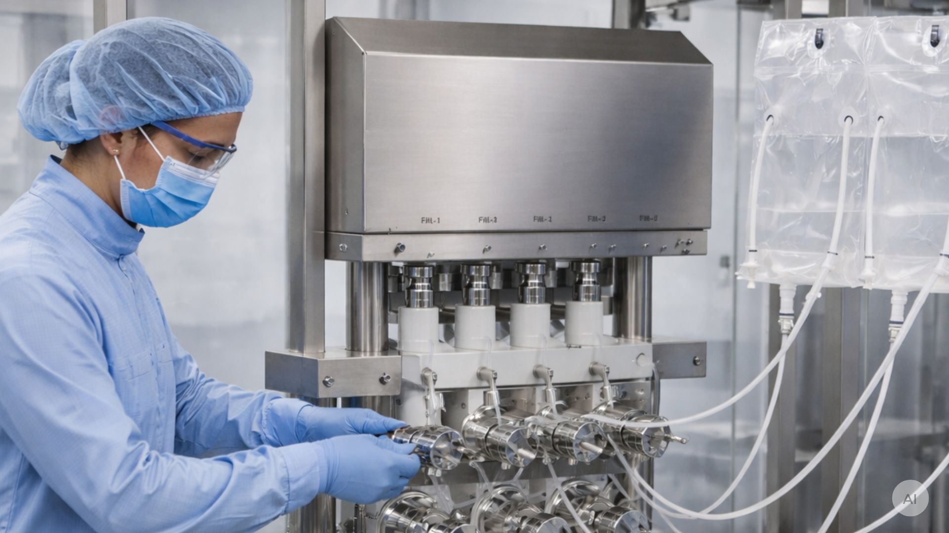 Pharma-Mitarbeiter arbeitet mit Single-Use-Manifolds