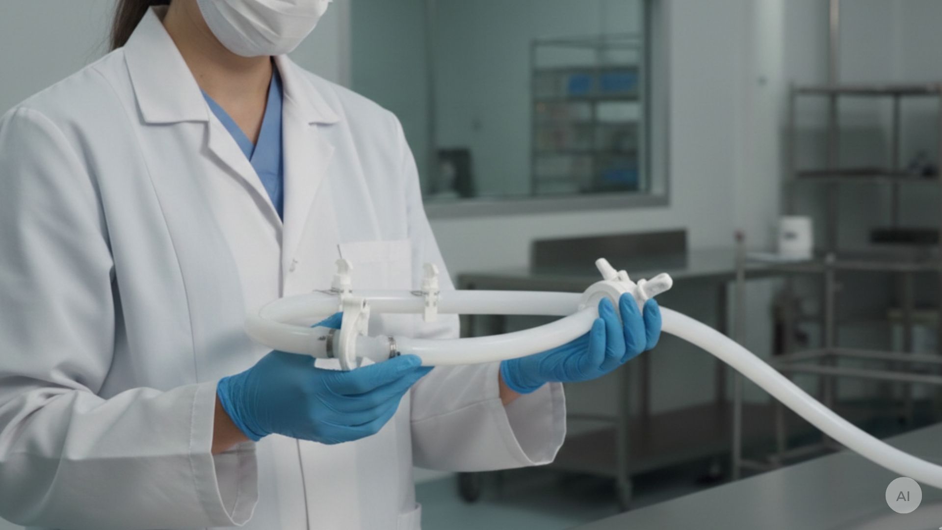 Pharma-Mitarbeiter hält eine Single-Use-Baugruppe