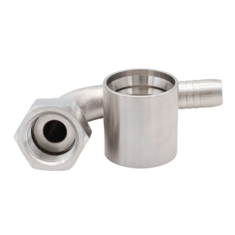 AFT Presskupplung f. gewellt. PTFE Schlauch m. Geflecht, BSP Überwurfmutter, 90° gebogen, flach