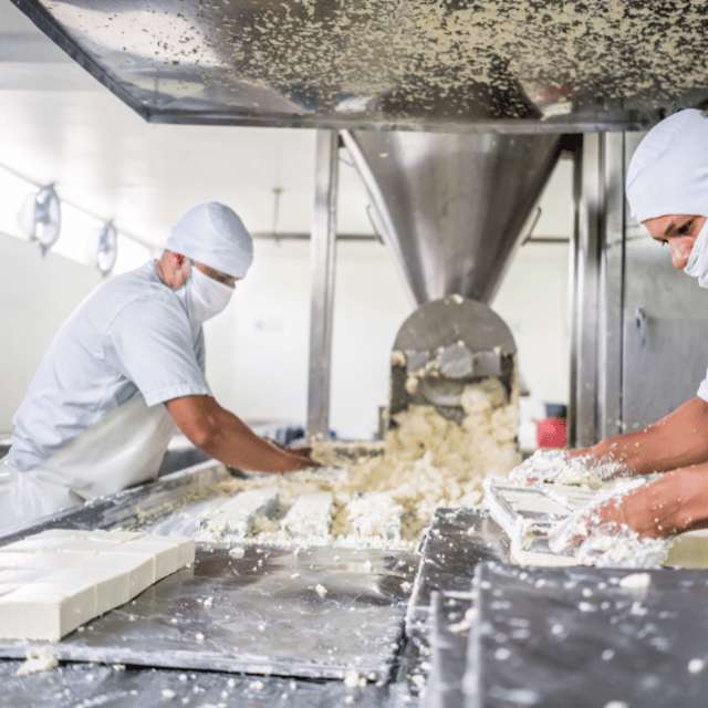 Männer bei der Arbeit mit Butter in einer Molkerei