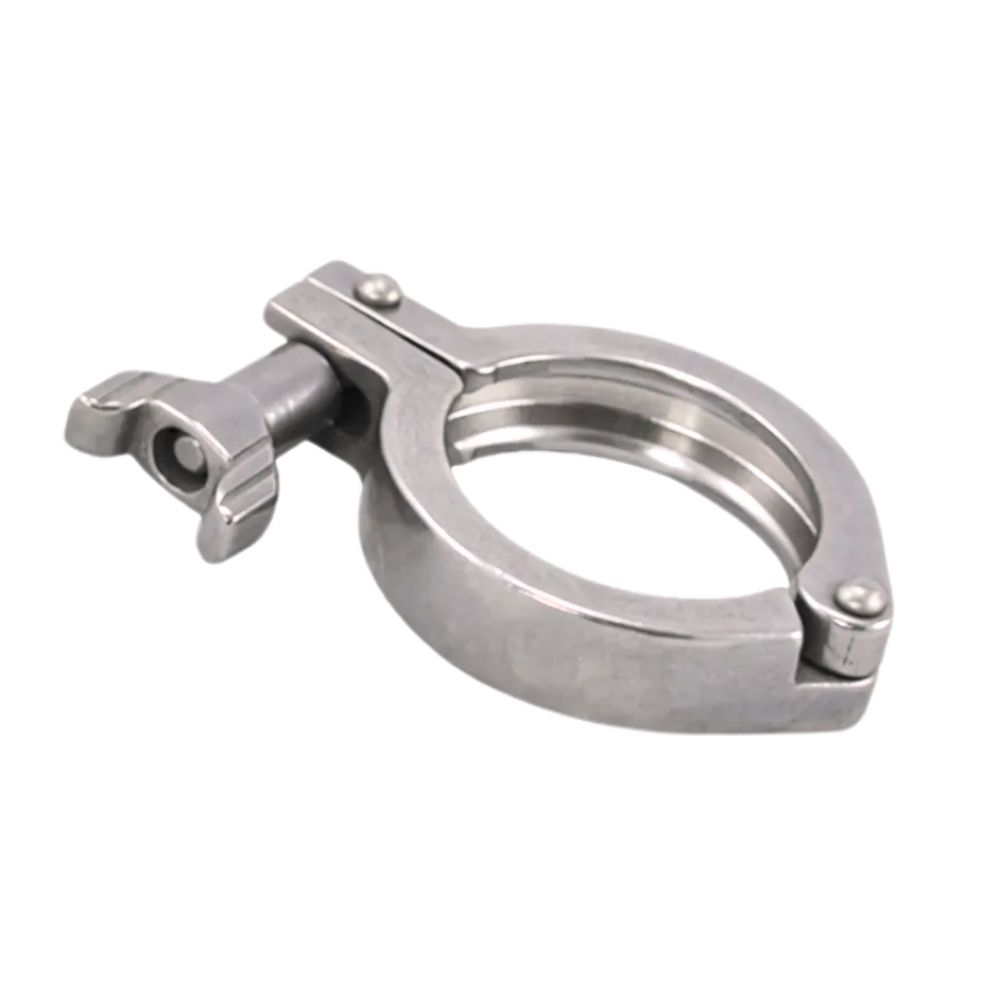 Clamp Klammer aus Edelstahl mit Scharnier und Rändelschraube. Sichert hygienische und langlebige Verbindungen in der Lebensmittelindustrie. Hier bestellen!