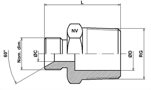 Reduziernippel, Sechskant, 60 Grad an einem Ende, BSPT